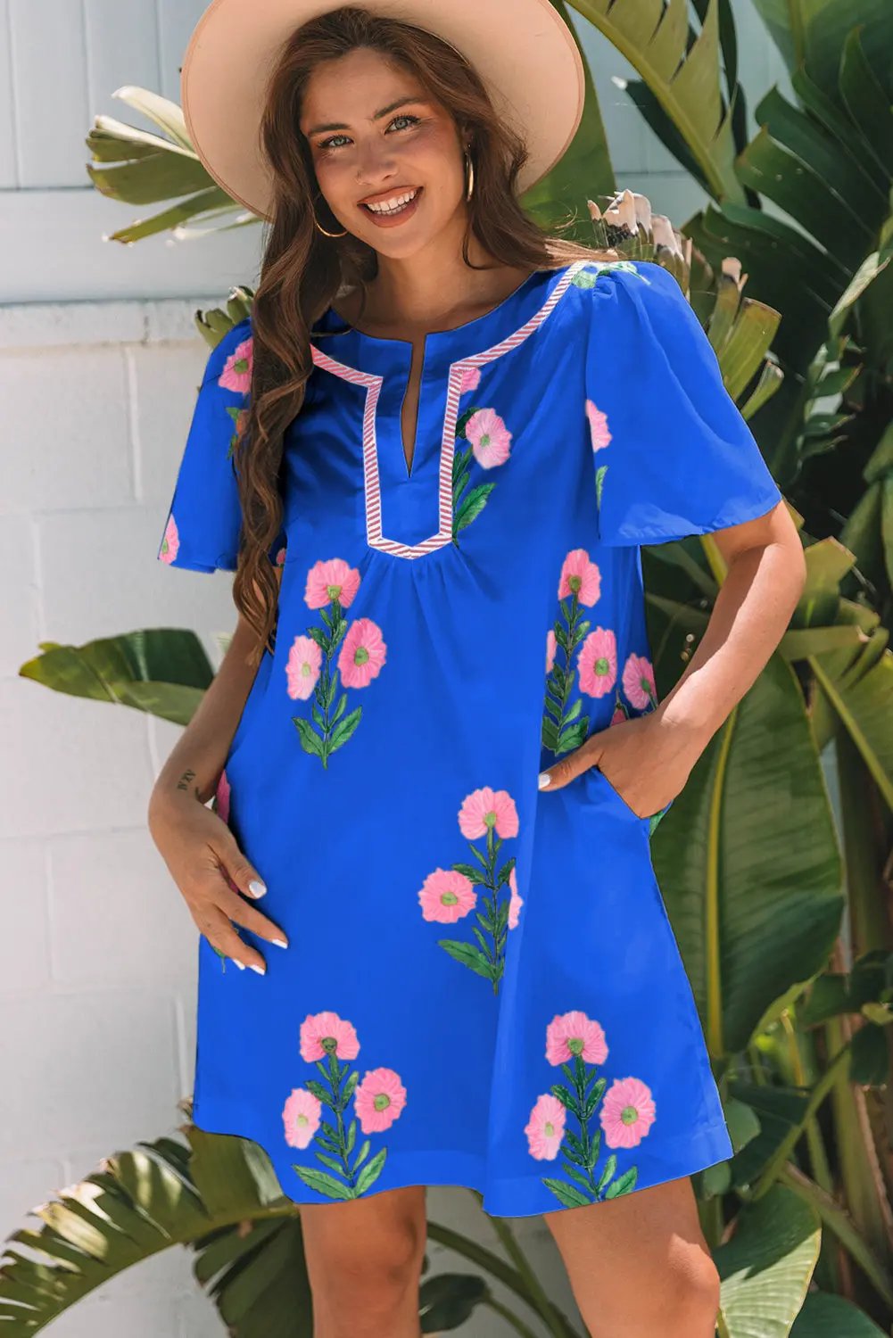 Blue Floral Short Sleeve Split Neck Loose Mini Dress - Love Salve